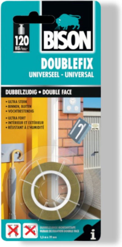 Bison doublefix 1,5 metros x 19 mm - cinta de montaje universal extra fuerte - para interiores y exteriores - cinta adhesiva de doble cara, extra potente, alternativa a la perforación con tornillos, permanente