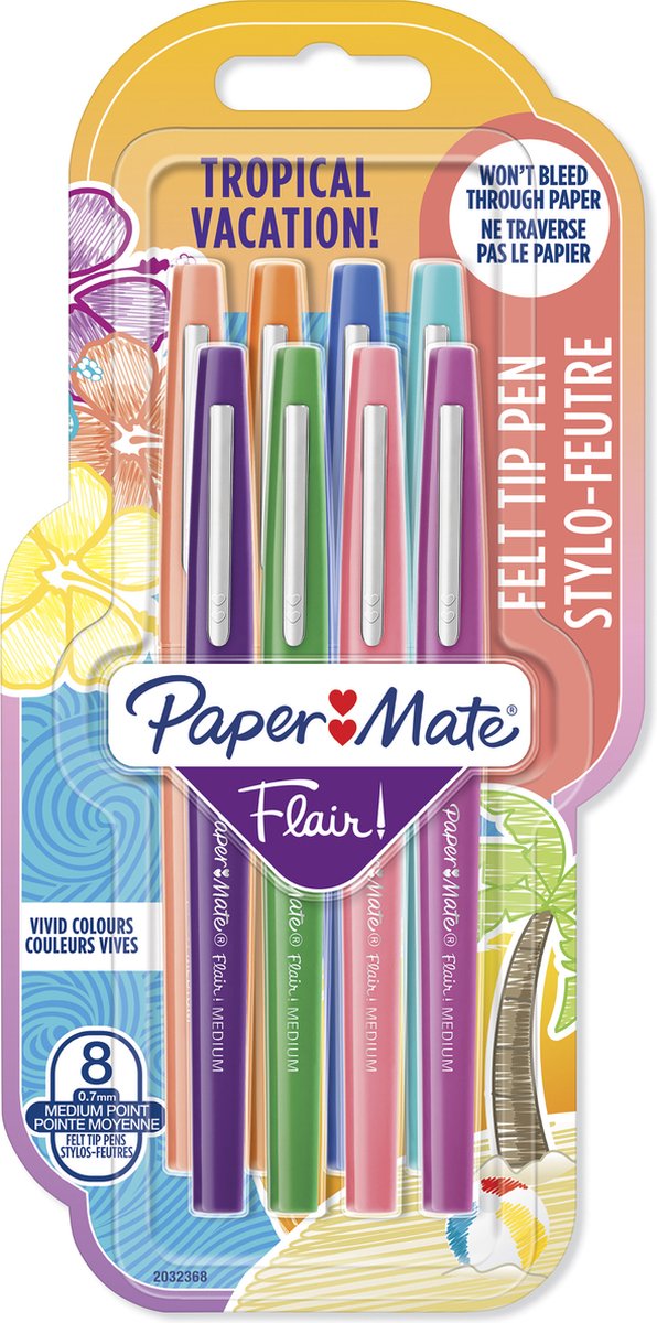 Pennarelli Paper Mate Flair | punto medio (0,7 mm) | vari colori delle vacanze tropicali | 8 pezzi