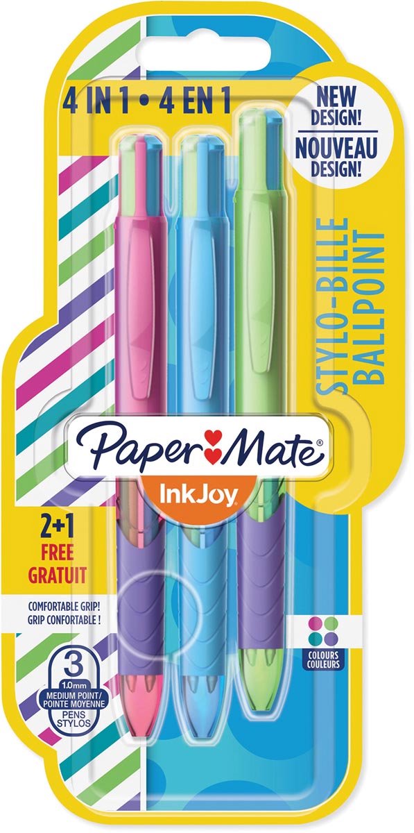Paper mate inkjoy quatro joie de vivre 4-kleurenbalpen | medium | klassieke inktkleuren | blister 2 + 1 grat