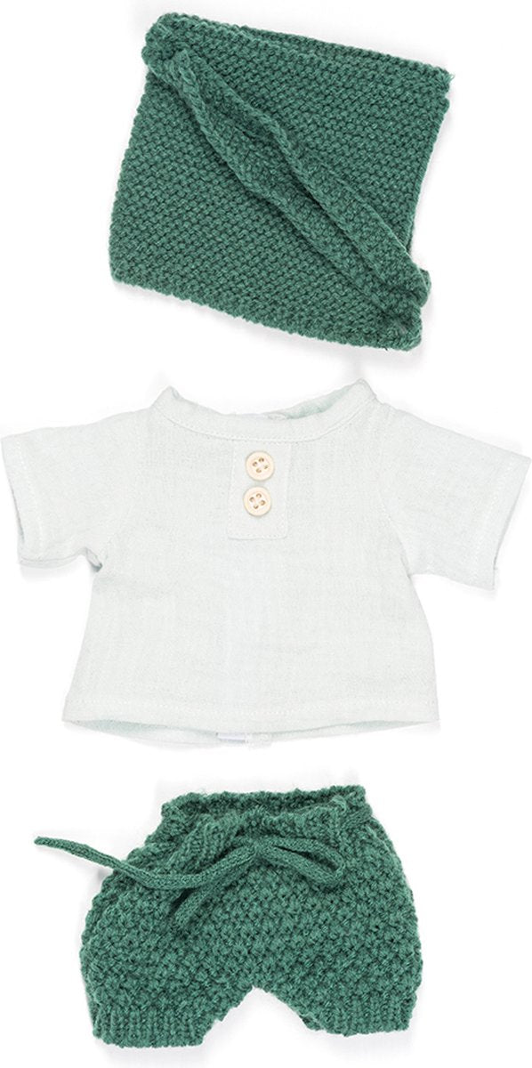 Muñecas Miniland ml: conjunto de ropa verde blanco para niño 32cm, 3 piezas, jersey, pantalón y gorro, con perchero, 3+