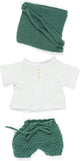 Muñecas Miniland ml: conjunto de ropa verde blanco para niño 32cm, 3 piezas, jersey, pantalón y gorro, con perchero, 3+