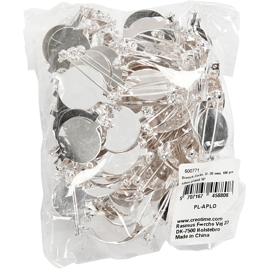 Creativ company brooch pin, d 20 mm, silver plated, 100 pieces 1 box