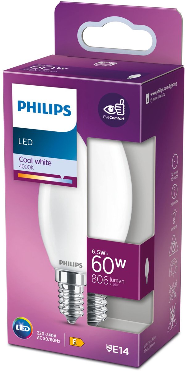 Lampada LED Philips - lampada a candela con attacco E14 - luce bianca fredda: 4000k - 60w - vetro smerigliato