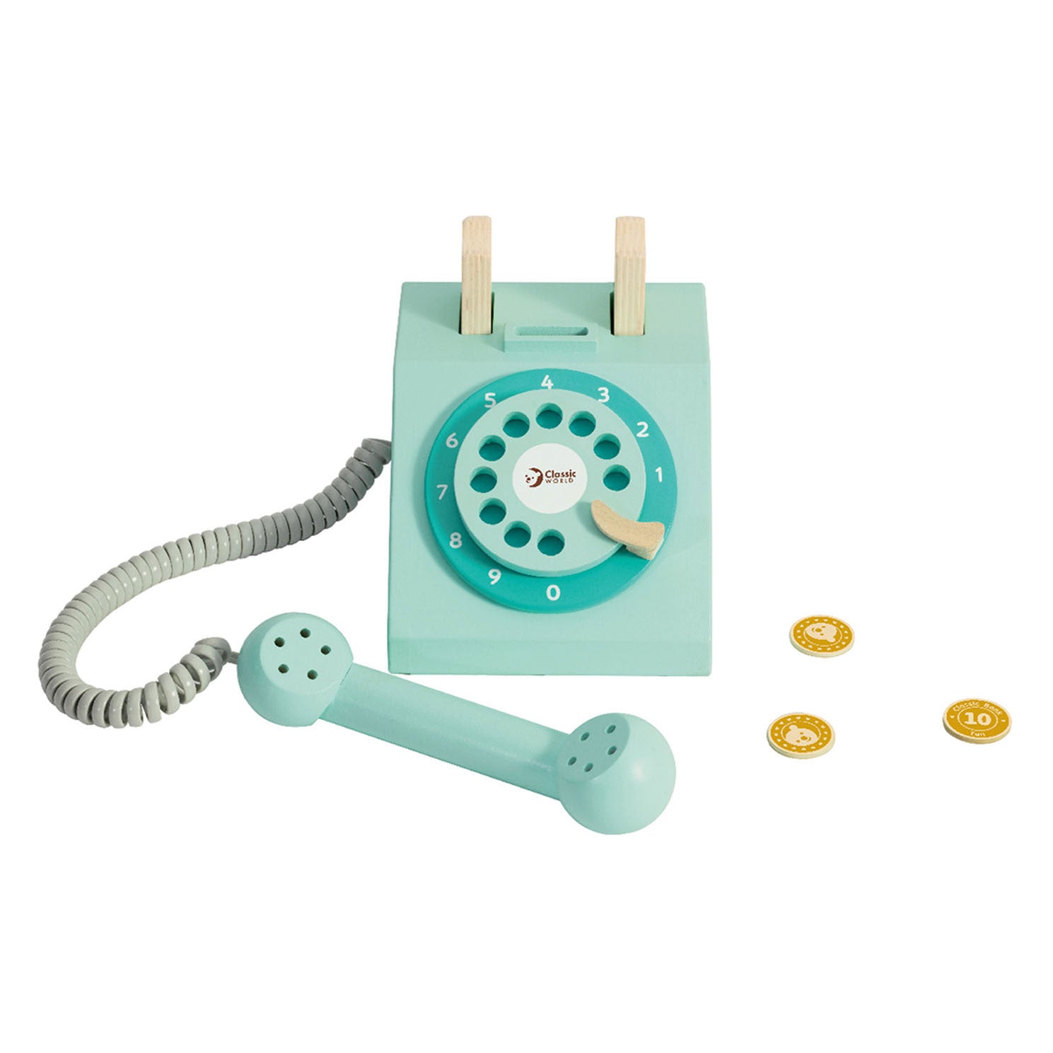 Clásico mundial mundial de madera retro teléfono retro turquesa