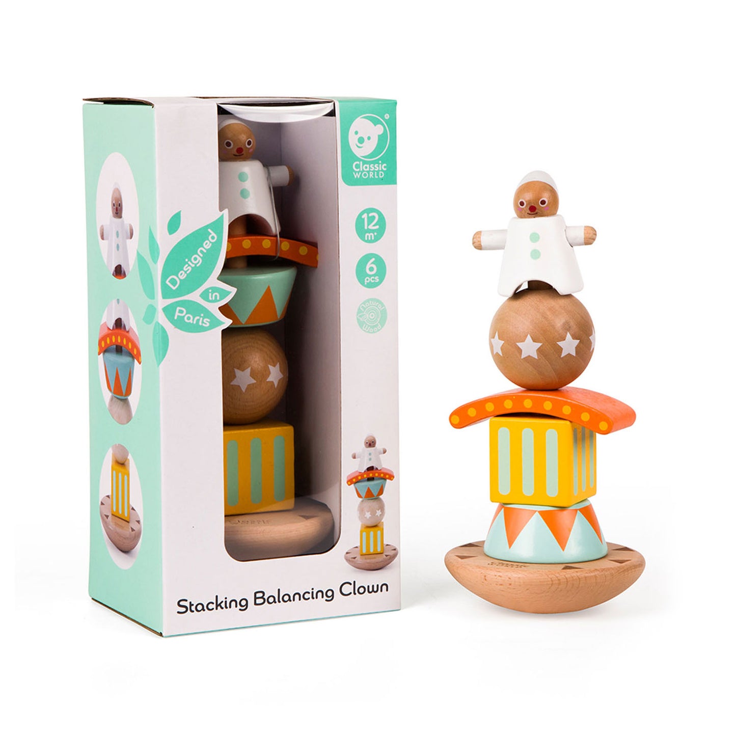 Classic World World Wooden Stack e Balanpel Clown, 6DLG.