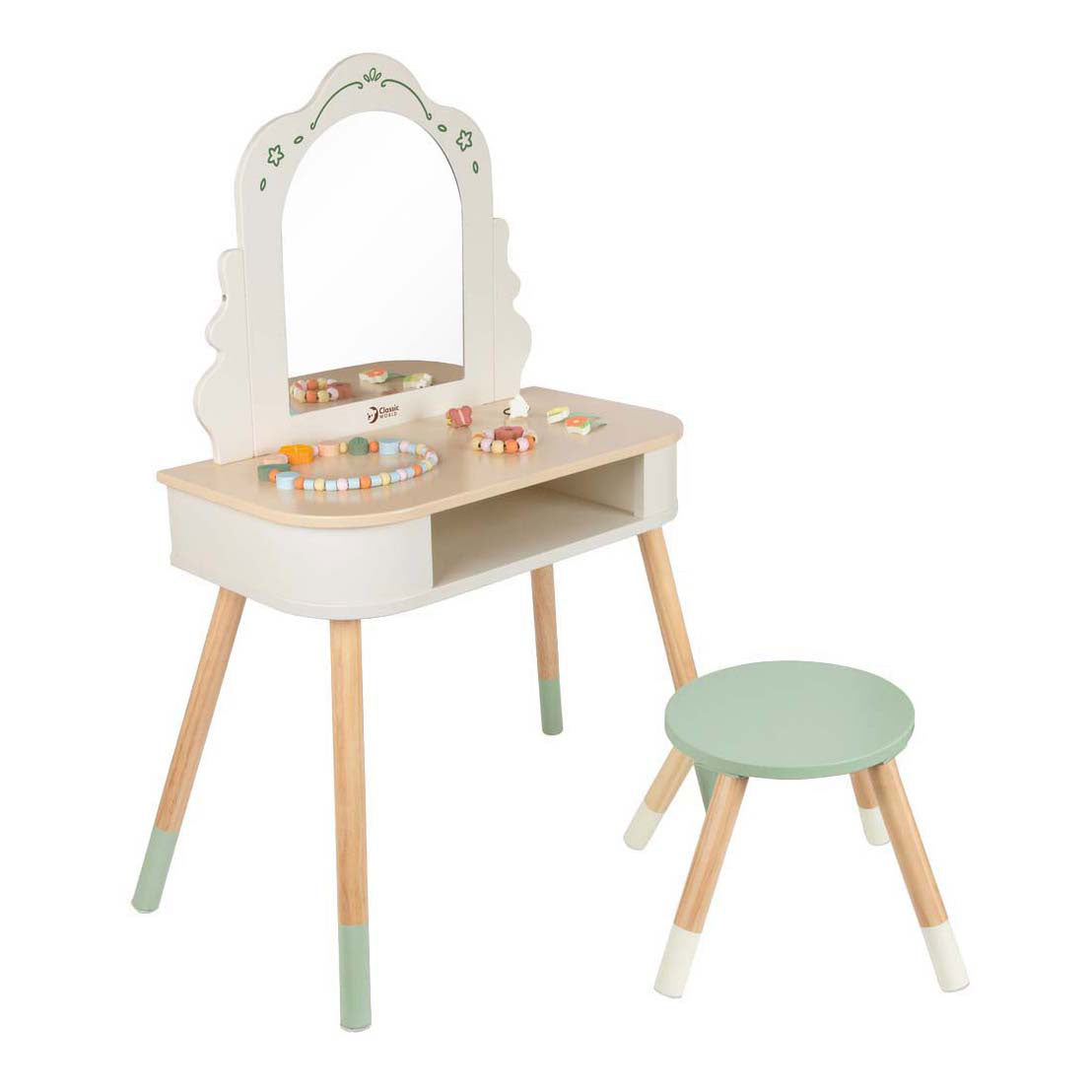 Tocador de madera Classic World con taburete, accesorios incluidos