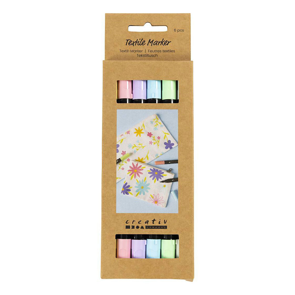 Pennarelli tessili Creative Company, larghezza tratto 2,3 + 3,6 mm, colori pastello, 6 pezzi 1 scatola