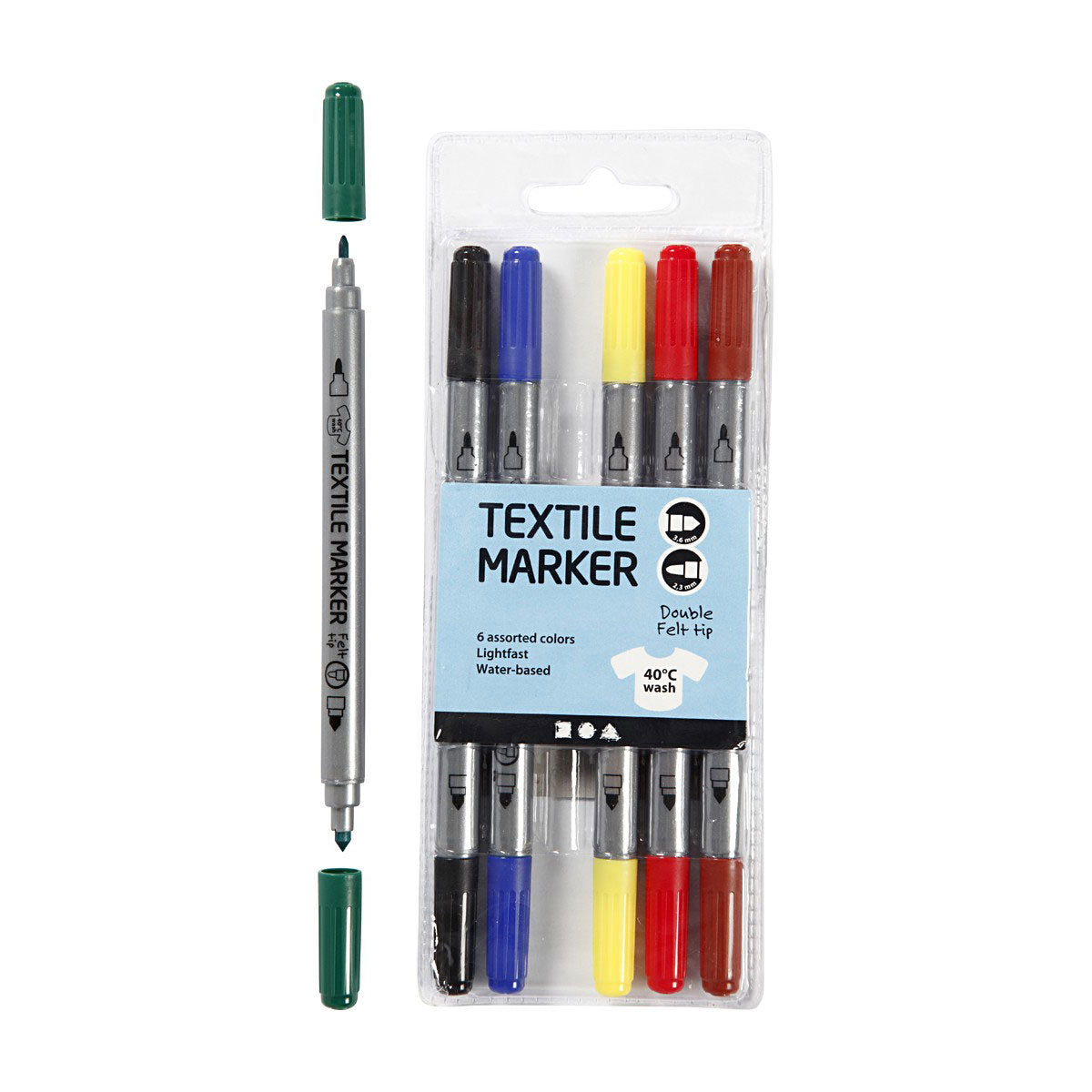 Creativ company dubbelzijdige textielstiften - basiskleuren, 6st.