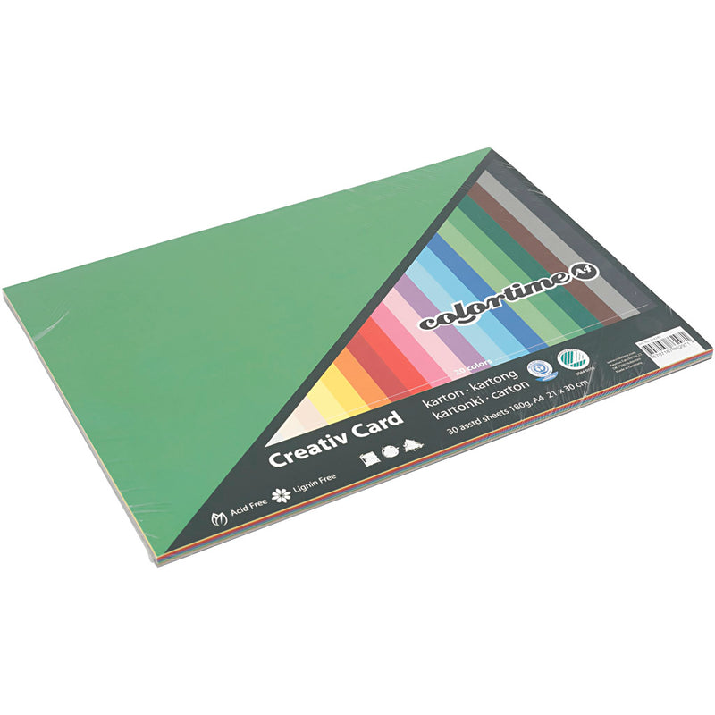 Creativ company gekleurd karton, a4, vel 210x297 mm, 180 gr, diverse kleuren, 30 div vellen 1 doos