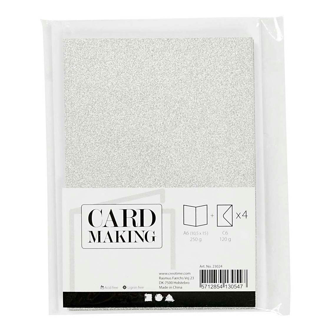 Creativ company kaarten en enveloppen, afmeting kaart 10,5x15 cm, afmeting envelop 11,5x16,5 cm, glitter, 120+250 gr, zilver, 4 set 1 doos