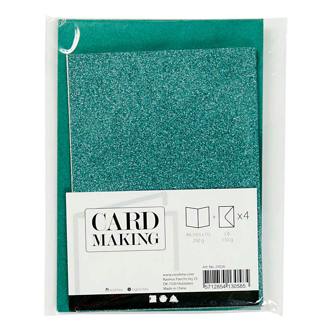 Biglietti e buste aziendali Creativ, formato biglietto 10,5x15 cm, formato busta 11,5x16,5 cm, glitter, 110+250 gr, verde, 4 set 1 scatola