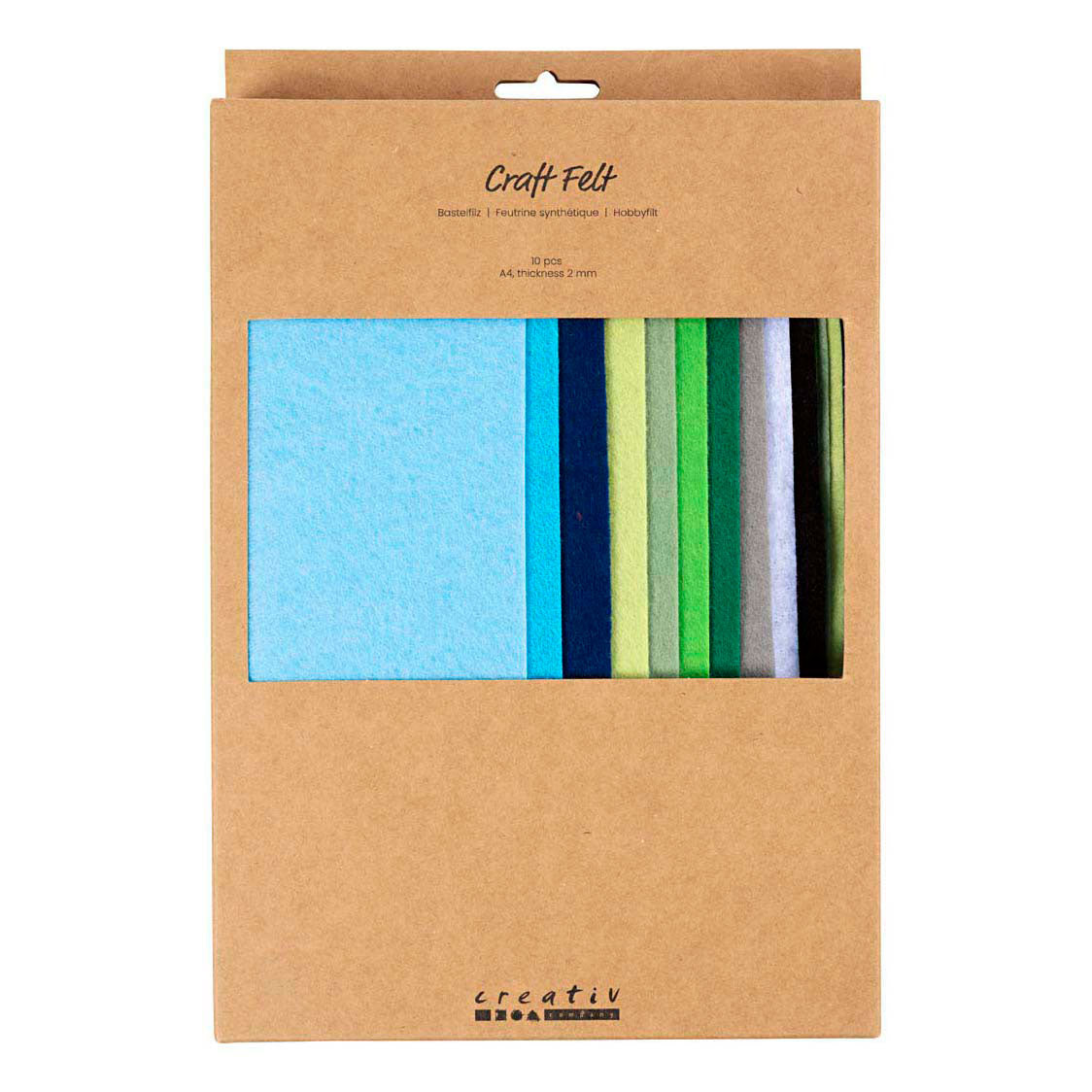Creativ company hobby fieltro, a4, hoja 210x297 mm, espesor 2 mm, armonía azul verde, 10 piezas 1 caja