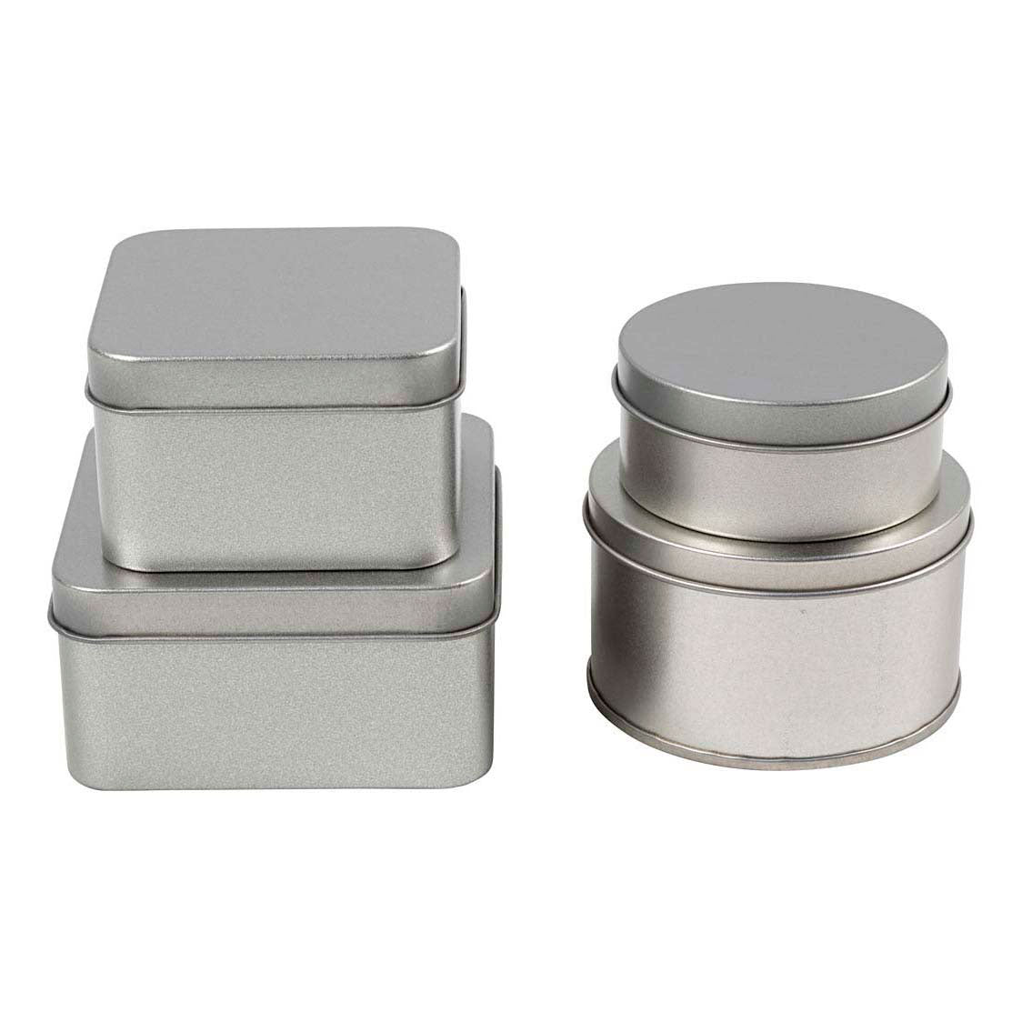 Barattolo Creative Company, cerchio e quadrato, h: 3-4,5 cm, d 6,5+7,5 cm, dimensioni 7x7+8,5x8,5 cm, metallo grigio, 4 pezzi 1 scatola