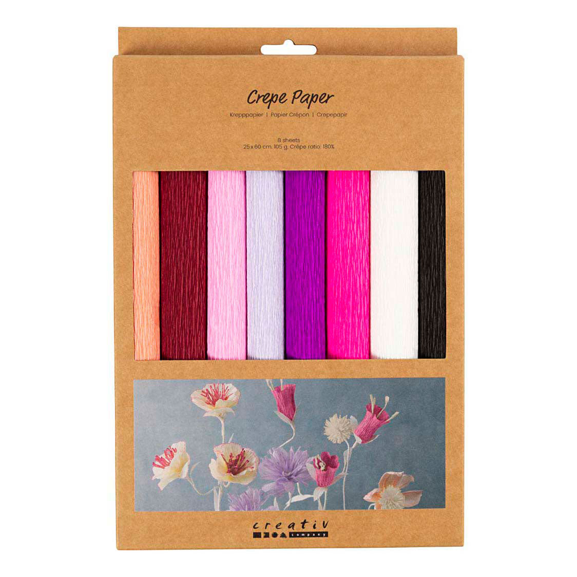 Carta crespa Creative Company, foglio 25x60 cm, rapporto crespa: 180%, 105 gr, armonia rosa viola, 8 fogli 1 scatola