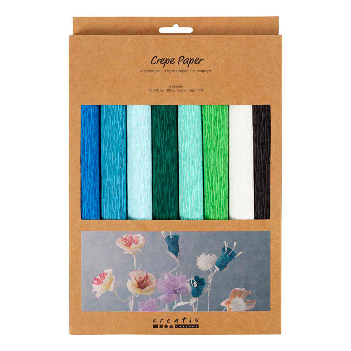Carta crespa Creative Company, foglio 25x60 cm, rapporto crespata: 180%, 105 gr, armonia verde blu, 8 fogli 1 scatola