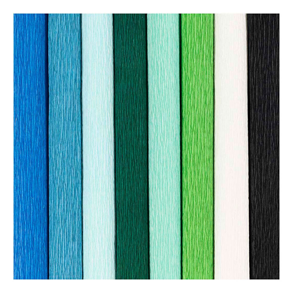 Carta crespa Creative Company, foglio 25x60 cm, rapporto crespata: 180%, 105 gr, armonia verde blu, 8 fogli 1 scatola