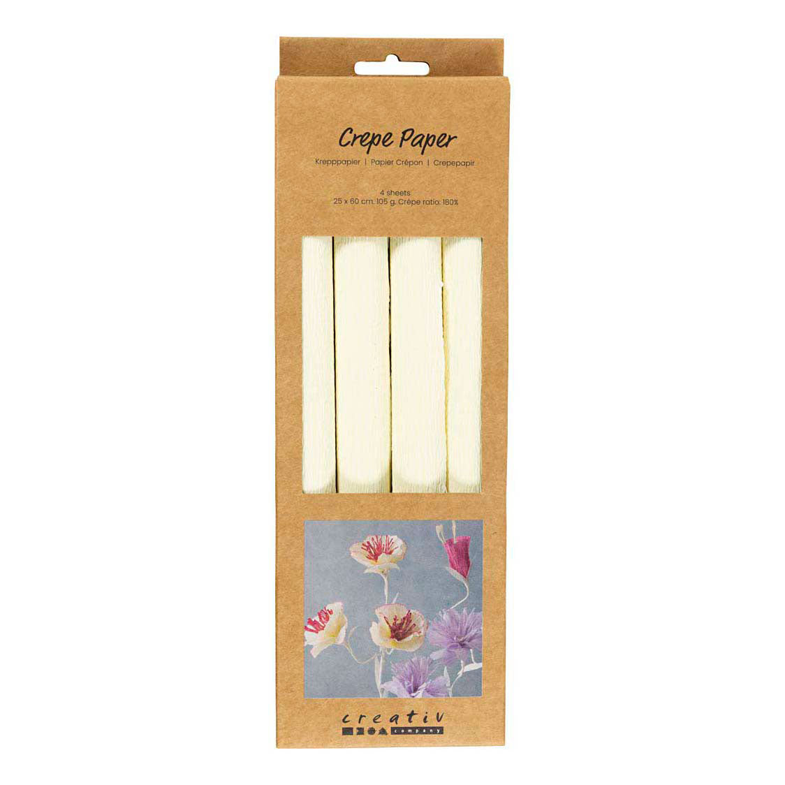 Carta crespata Creativ Company, foglio 25x60 cm, rapporto crespata: 180%, 105 gr, bianco sporco, 4 fogli 1 scatola