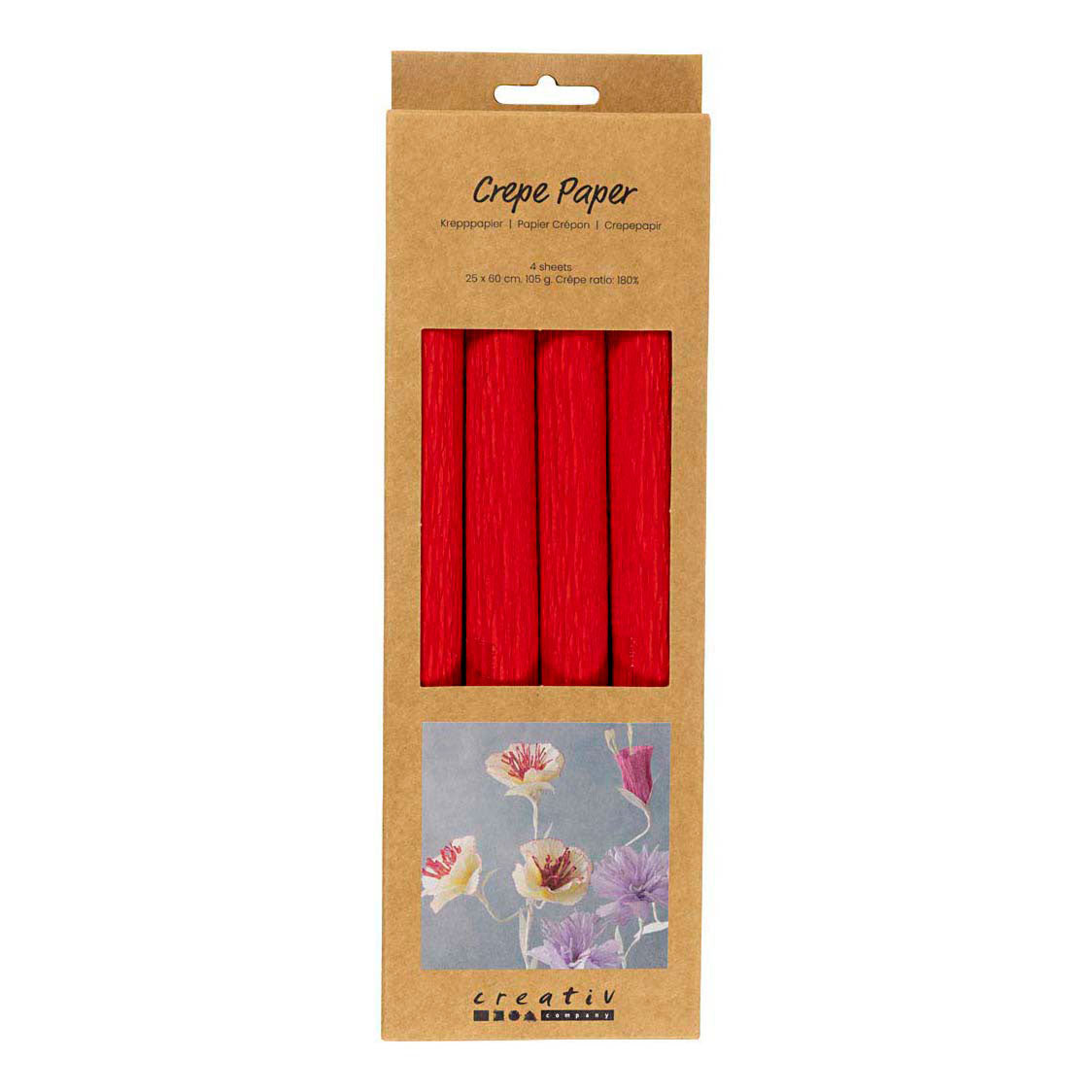 Carta crespata Creativ company, foglio 25x60 cm, rapporto crespata: 180%, 105 gr, rosso, 4 fogli 1 scatola