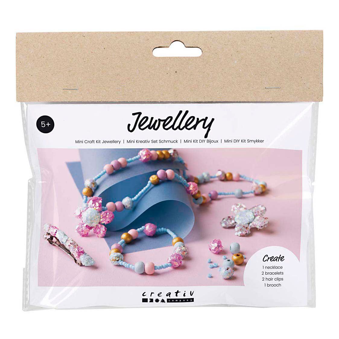 Mini set hobby di Creativ Company gioielli, collana, braccialetto, clip, spilla, blu, azzurro, rosa pastello, 1 scatola