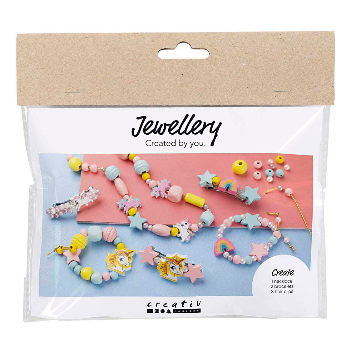 Creativ company mini hobby set joyería, collar, pulseras, pendientes, azul claro, rojo claro, amarillo, 1 caja