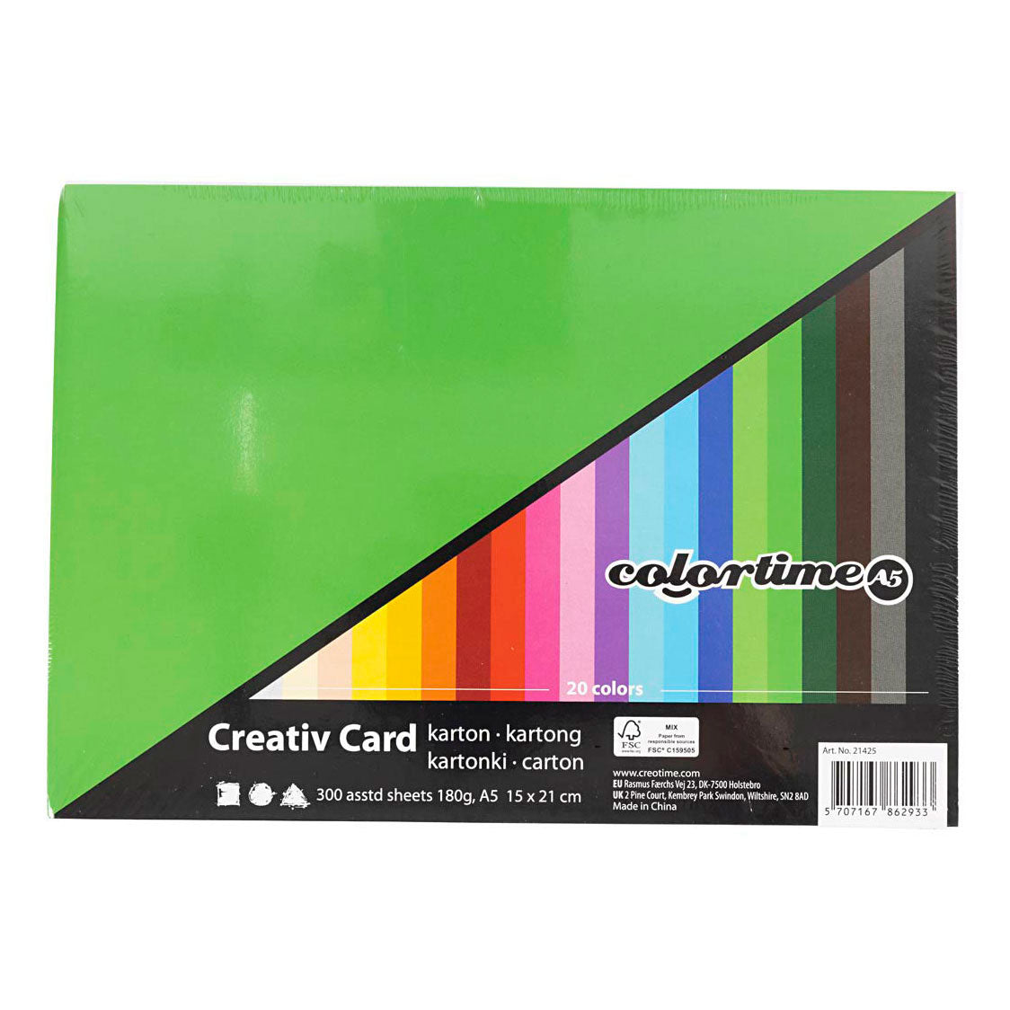 Cartoncino colorato Colortime, a5, foglio 148x210 mm, 180 gr, colori vari, 300 fogli vari 1 scatola