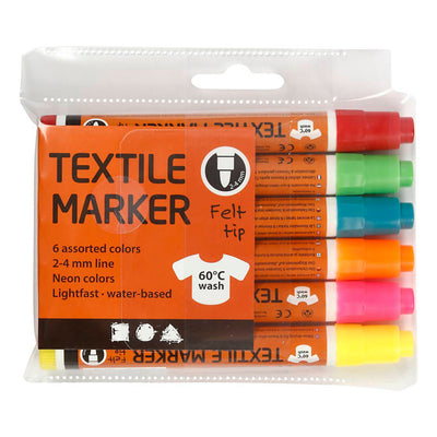 Pennarelli per tessuti, larghezza tratto 2-4 mm, colori neon, 6 pezzi, 1 scatola