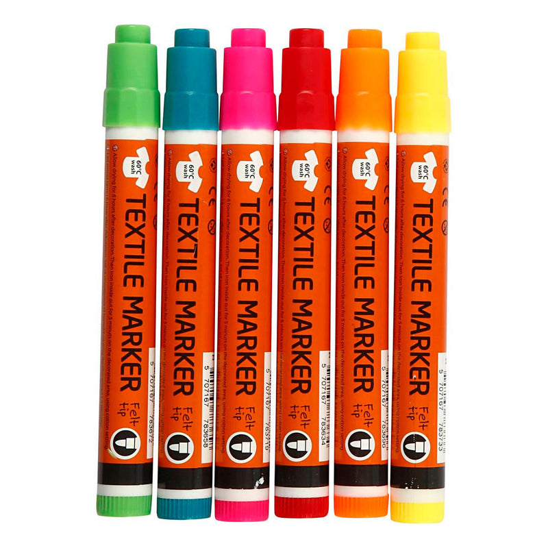 Pennarelli per tessuti, larghezza tratto 2-4 mm, colori neon, 6 pezzi, 1 scatola
