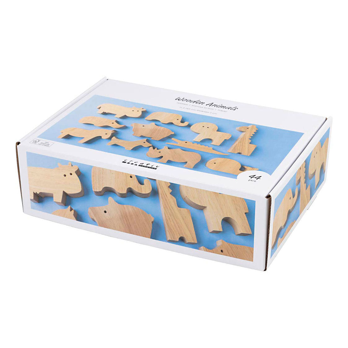 Creativ company animales de madera, granja y safari, h: 3-14,5 cm, grosor 2 cm, 44 piezas 1 caja