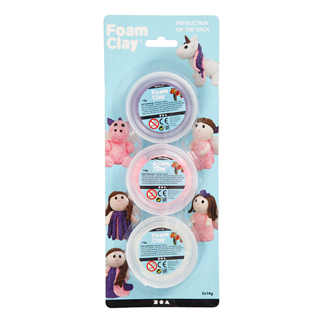 Foam clay ®, purpurina, metalizada, rosa, violeta, blanca, 3x14 gr 1 caja