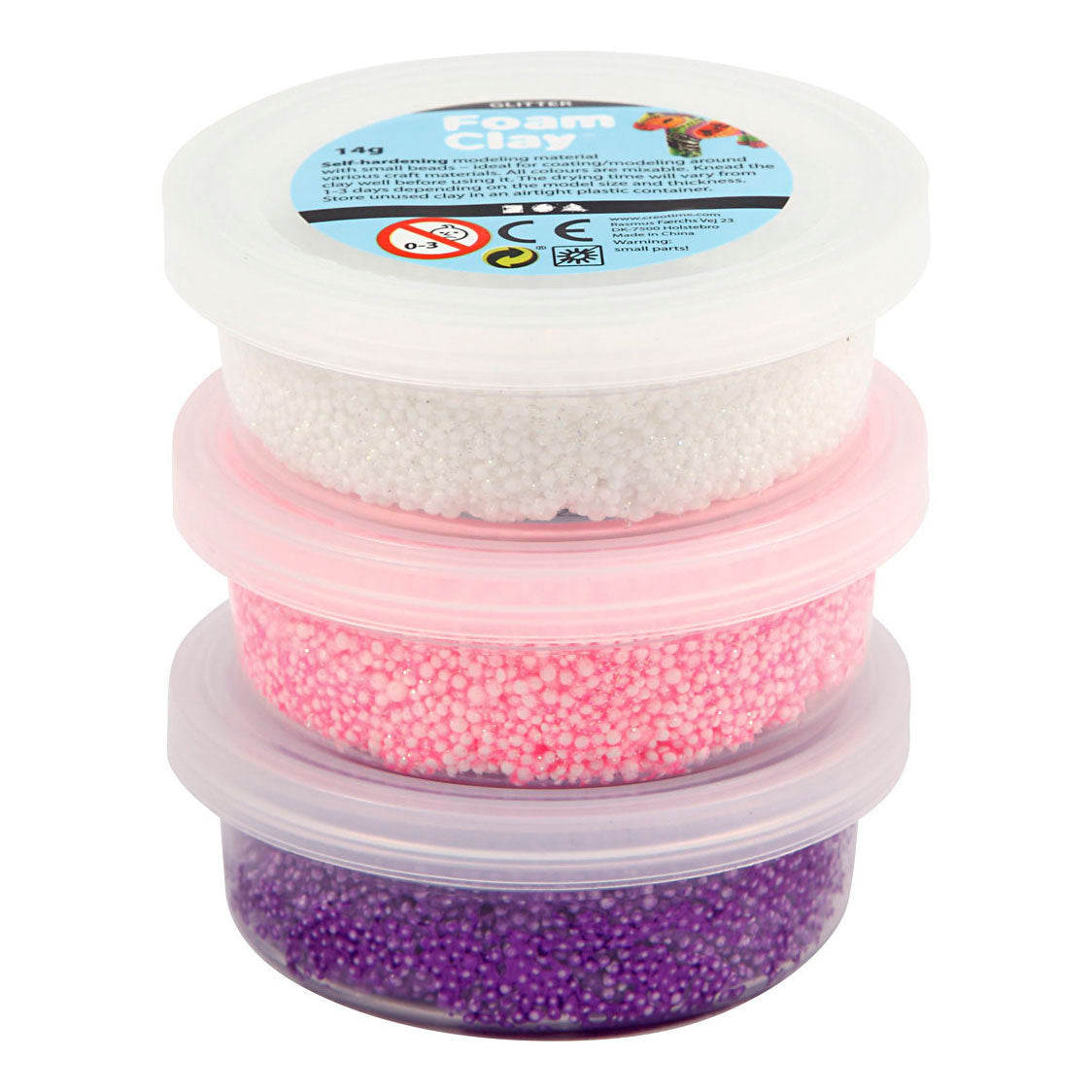 Foam clay ®, purpurina, metalizada, rosa, violeta, blanca, 3x14 gr 1 caja