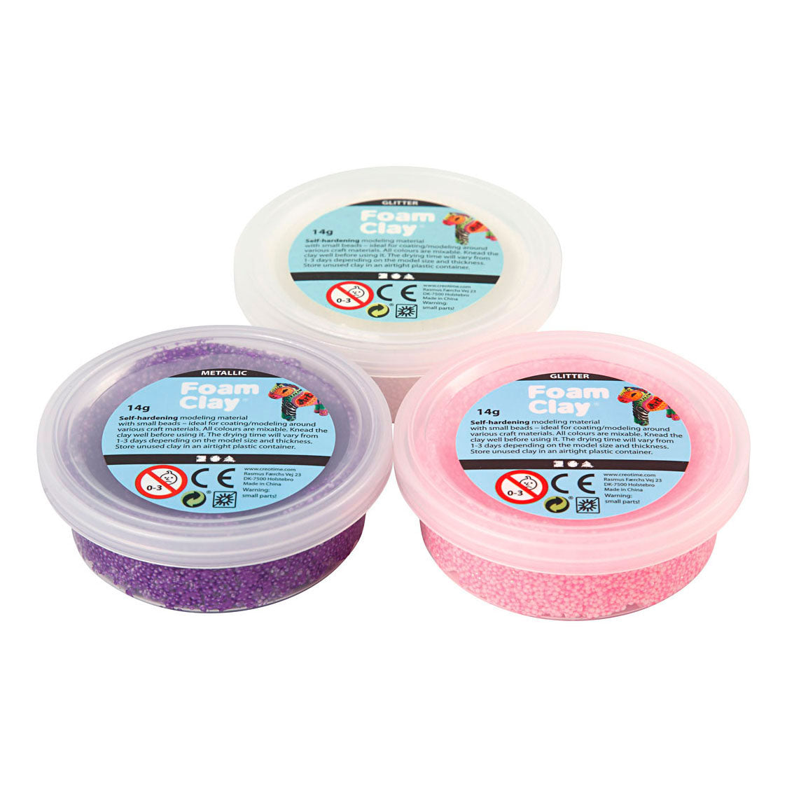 Foam clay ®, purpurina, metalizada, rosa, violeta, blanca, 3x14 gr 1 caja