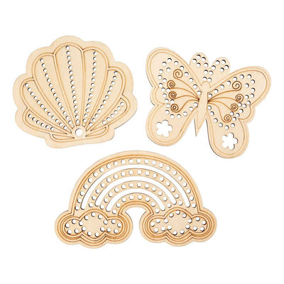 Creativ company wooden shape with holes, rainbow, shell, butterfly, size 7.5-13 cm, 24 pieces 1 box