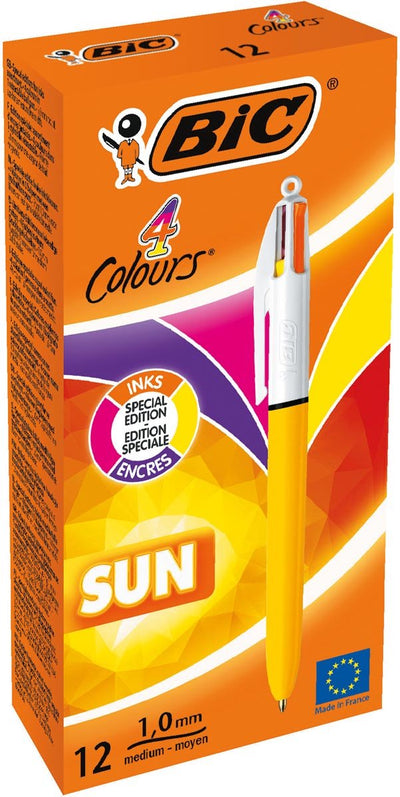 Bic 4 colores sol, bolígrafo, 0,32 mm, 4 colores de tinta de moda, cuerpo amarillo, caja de 12