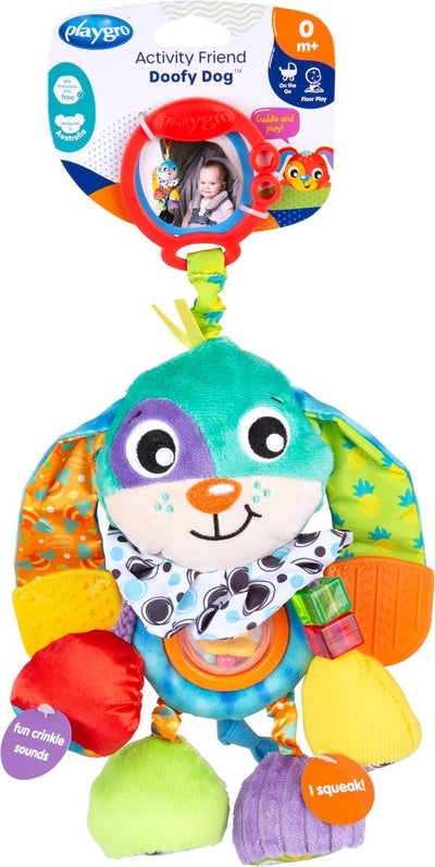 Playgro Activity Friends Doofy Dog - Giocattolo da appendere - Giocattolo per bambini - Giocattolo per carrozzina - Sonaglio - Accessorio per carrozzina - Accessorio per passeggino - Giocattolo educativo - Animale di peluche