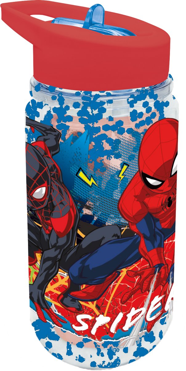 Stor biberón tritan marvel's spider-man - 330 ml - con efecto purpurina - apto para lavavajillas sin BPA - biberón con pajita para niños - transparente azul rojo