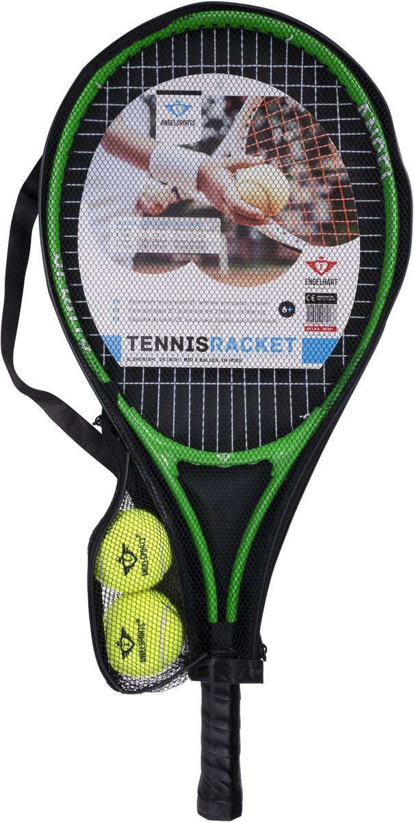Raqueta de tenis con cubierta y 2 bolas verde
