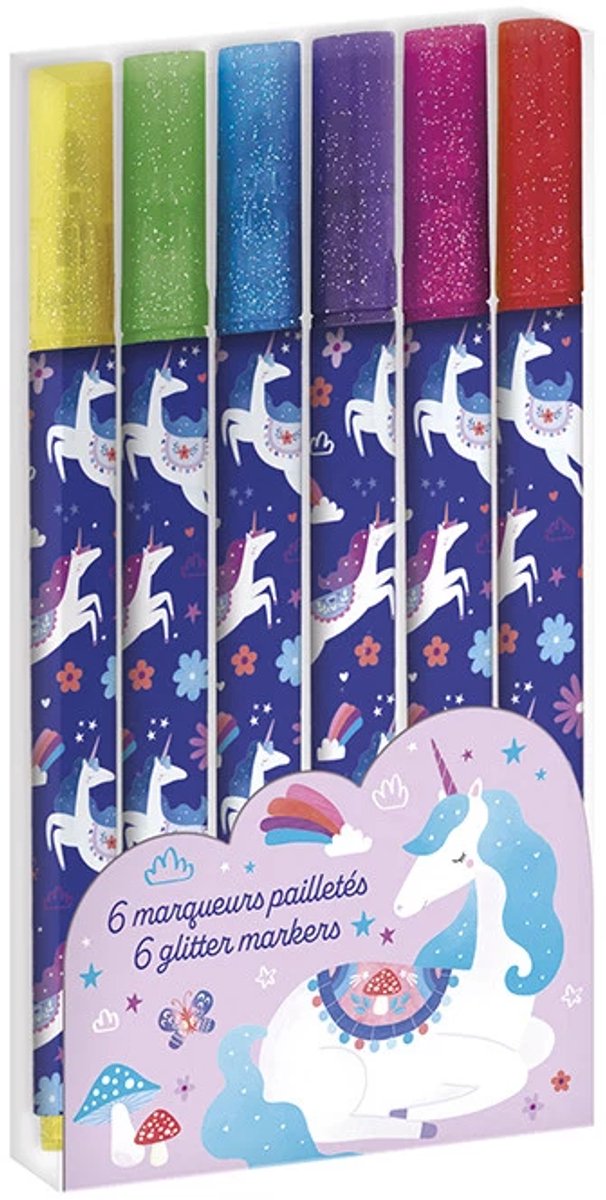 Janod - país de los sueños - 6 rotuladores con purpurina unicornio