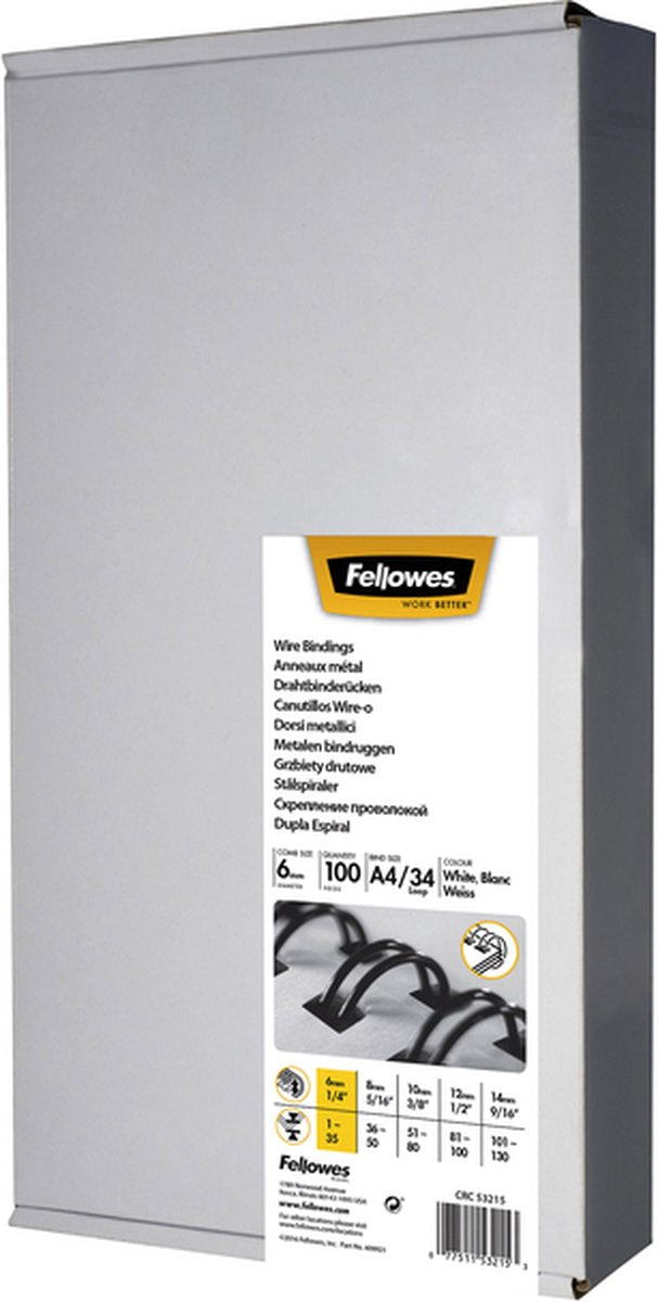 Peines metálicos Fellowes 6 mm blanco, 100 piezas