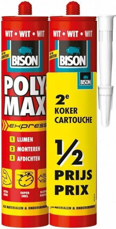 Bison poly max express white 2x 425gr, duo packaging, 2nd tube half price, - mounting adhesive, gluing, mounting and sealing, unique SMP technology, solvent-free, indoors and outdoors, almost all surfaces
