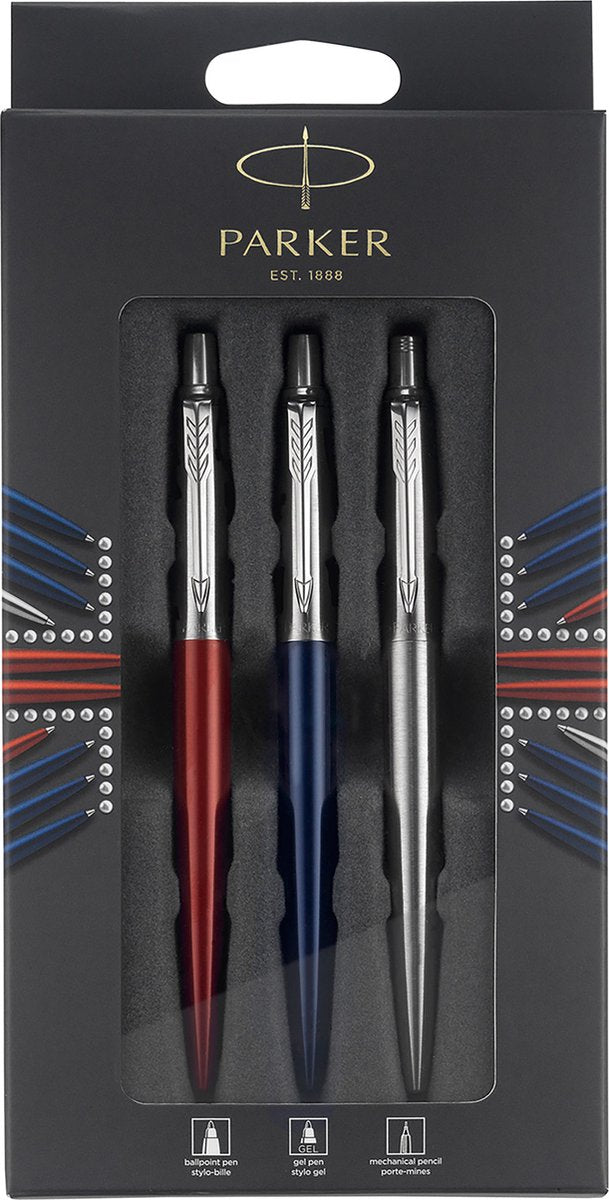 Set regalo Parker jotter london trio discovery con penne e matita: penna a sfera (blu royal), penna gel (kensington rossa) e portamine (acciaio inossidabile)