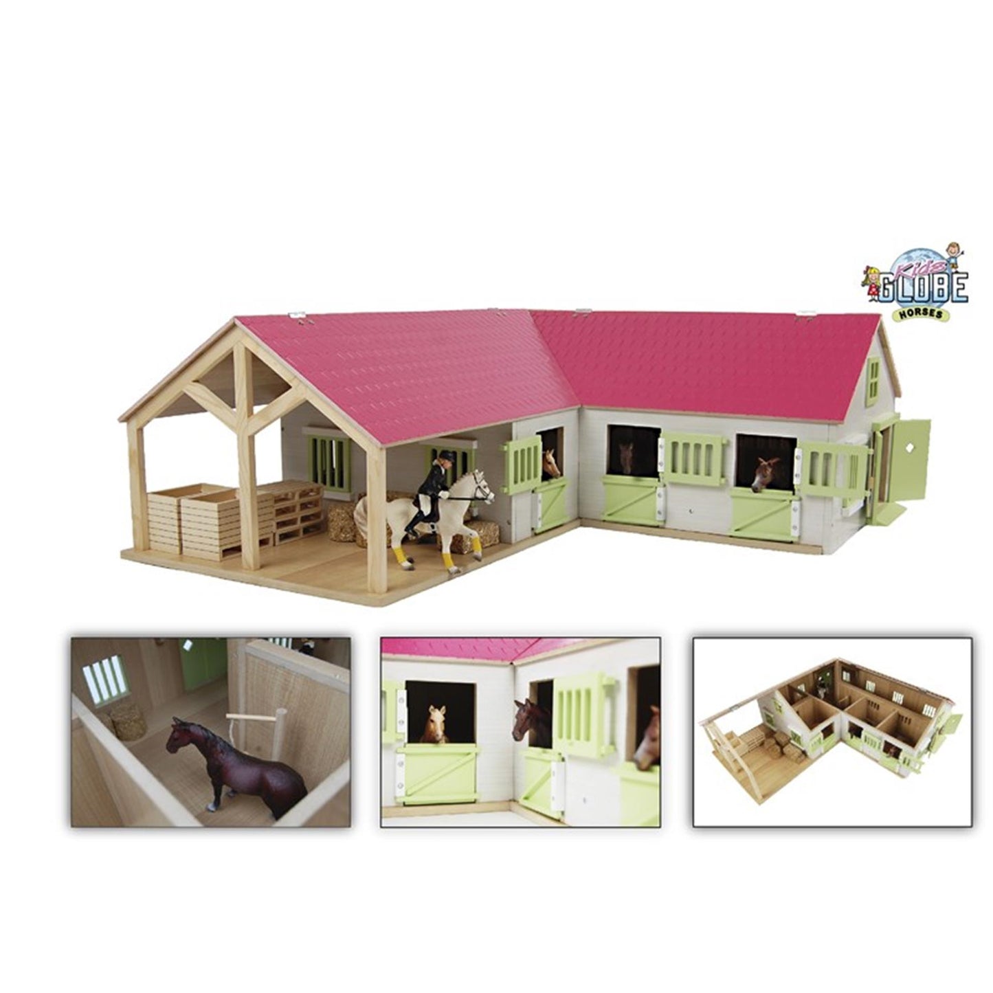 Kids Globe Globe Paardenhoekstal con 3 cajas y almacenamiento de rosa 1:24