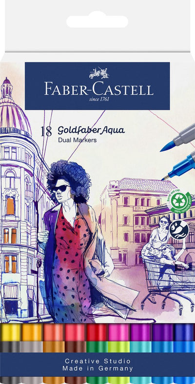 Faber-castell - rotulador acuarela duo goldfaber - estuche 18 piezas - pincel 0,6 mm - fc-164618