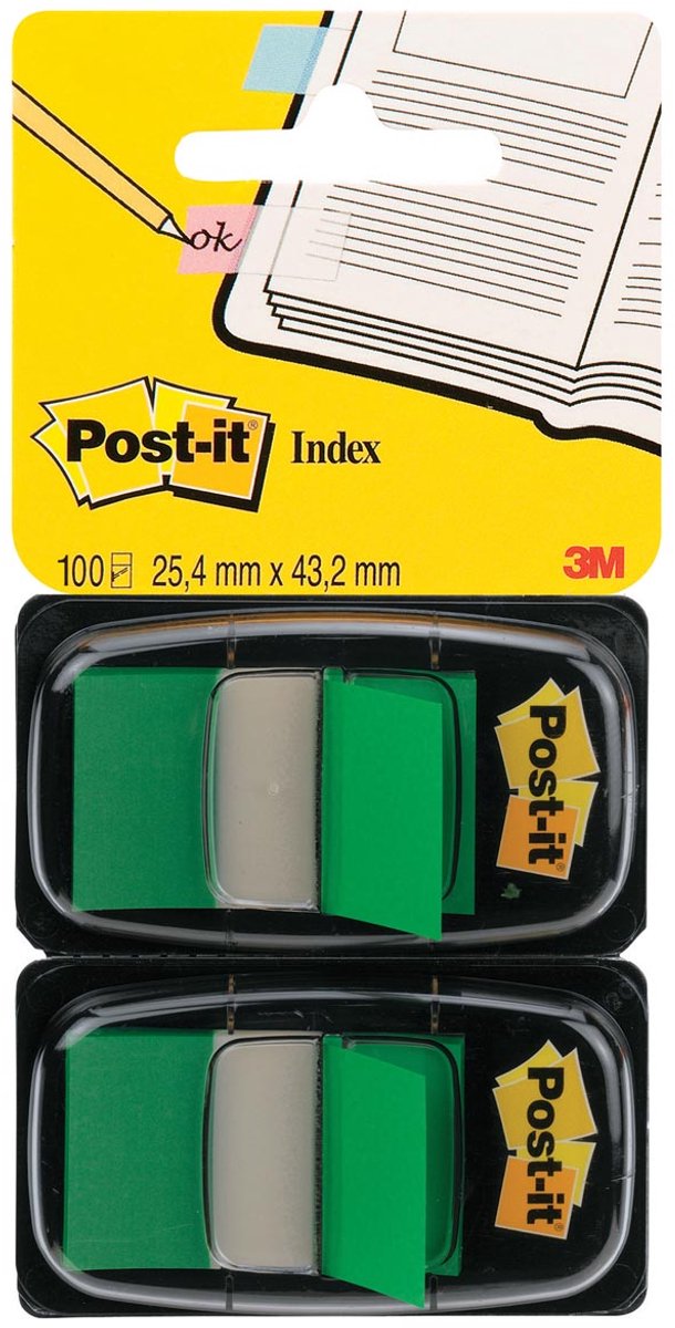 Confezione doppia Post-it ® Index standard, verde, 25,4 x 43,2 mm, dispenser da 50 compresse