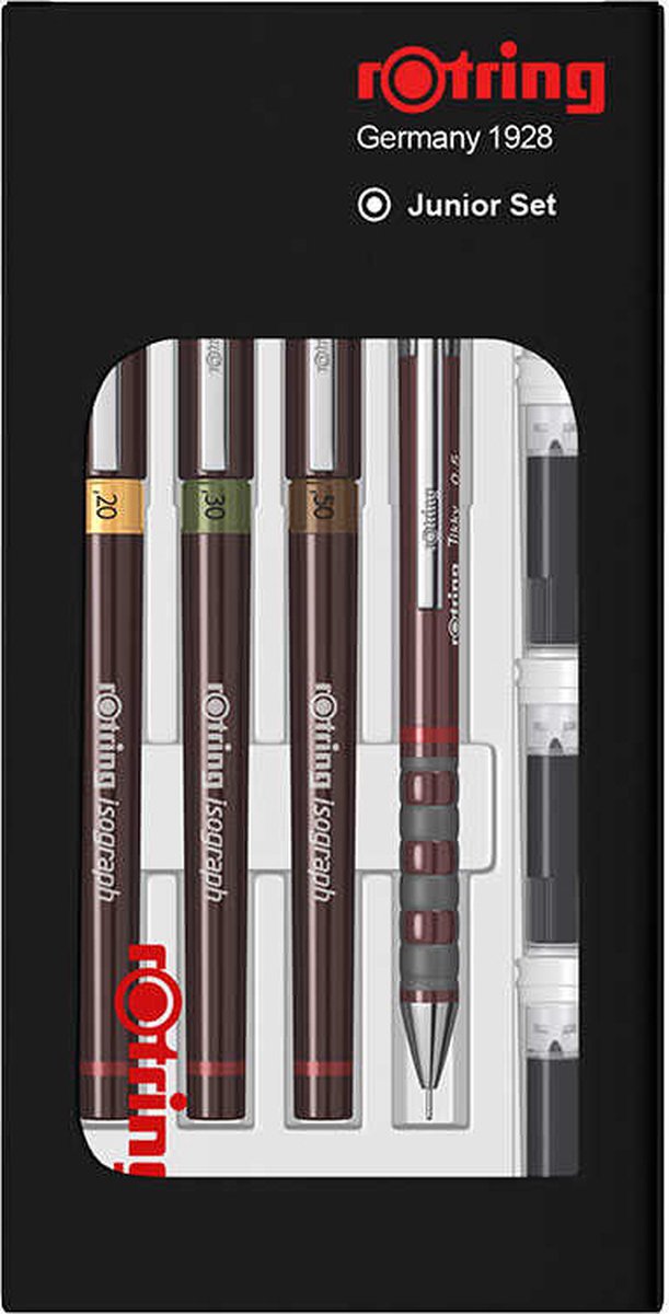 Rotring isogrpah junior pennenset - 3 fineliners en tikky mechanisch vulpotlood - incl. 4 inktpatronen