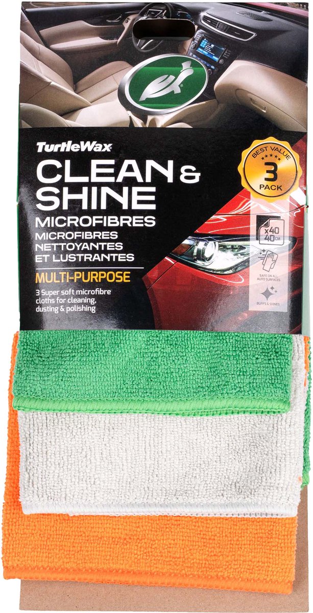 Microfibras Turtle Wax Clean Shine - mezcla de poliéster y poliamida - elimina de forma segura abrillantadores, ceras, revestimientos y selladores - para todas las superficies con capa transparente - lavable a máquina - 3 piezas - 40x60cm