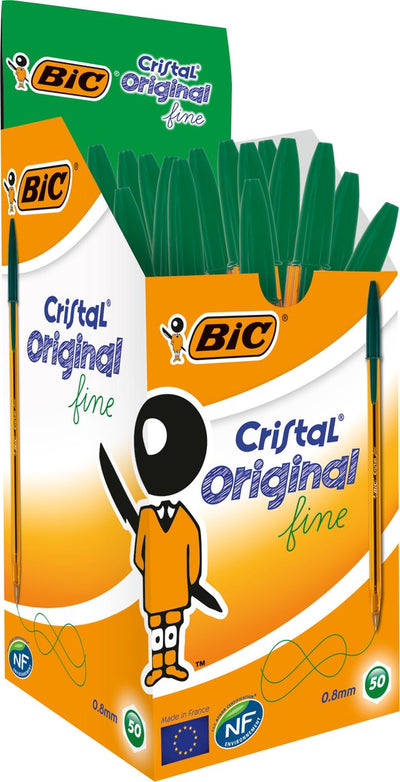 Bolígrafos finos originales Bic cristal - verde - caja de 50 piezas - punta fina 0,8 mm
