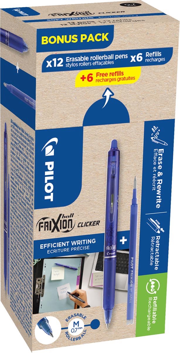Clicker a sfera Pilot Frixion | 12 roller e 6+6 ricariche 0 | 7 mm | blu