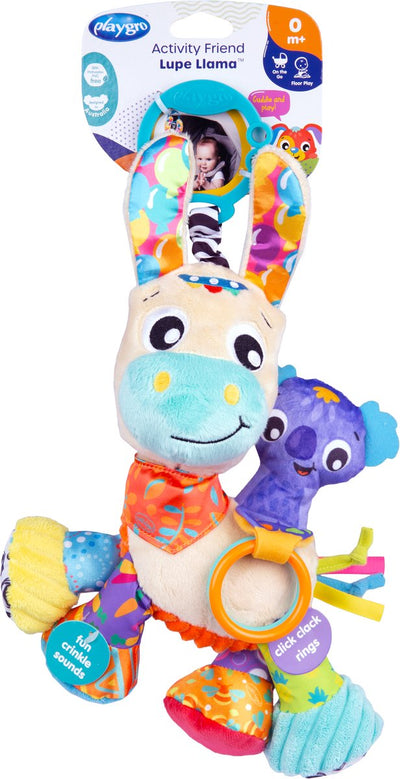 Playgro Activity Friends Lupe Lama - Giocattolo da appendere - Giocattolo per bambini - Giocattolo per carrozzina - Sonaglio - Accessorio per carrozzina - Accessorio per passeggino - Giocattolo educativo - Animale di peluche