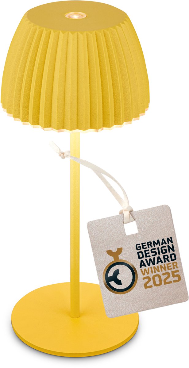 B.k.licht briloner champ mini - mini lámpara de mesa recargable - lámpara inalámbrica - regulable táctil - para interior y exterior - ganador del premio de diseño alemán 2025 - amarillo limón - ø8,5 x 20cm