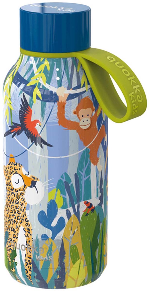 Quokka, bottiglia termica da 330 ml, modello solido per bambini con cinturino e motivo giungla, multicolore